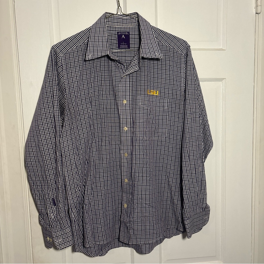 Antigua Blue and White LSU Plaid Button Down Shirt
